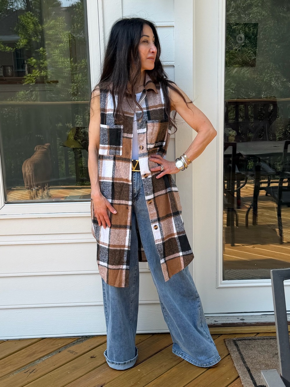 ShopEvelynne Brown Black and White Plaid Long Sleeveless Coat Vest